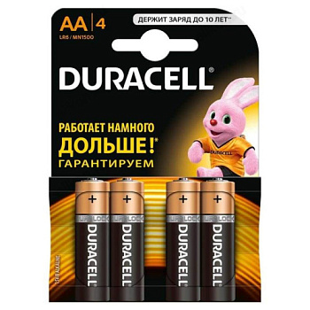 Фото Батарейка AA DURACELL, 1.5V, алкалиновая, LR6-4BL BASIC CN (48/192/18816) - 4 шт в блистере
