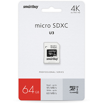 Фото Карта памяти microSDXC Smartbuy 64GB 10 PRO UHS-I(U3) R/W:90/70 MB/s (с адаптером SD)