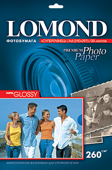 Фото Фотобумага Lomond A4 Суперглянцевая 20л 260г (односторонняя) для струйной печати [1103101]